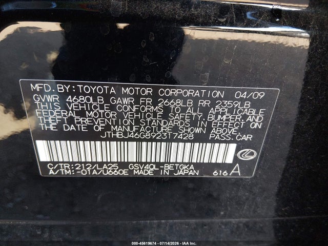 Aukcja sprzedaży 2009 Lexus Es 350, vin: JTHBJ46G892317428, numer aukcji: 45619674