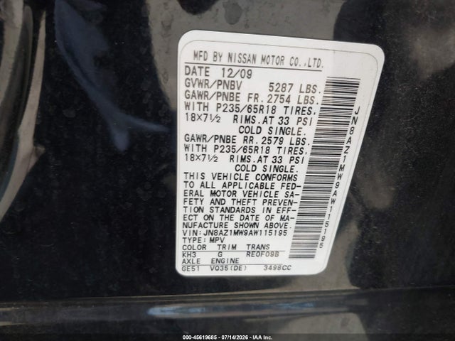 Продажа на аукционе авто 2010 Nissan Murano Sl, vin: JN8AZ1MW9AW115195, номер лота: 45619685