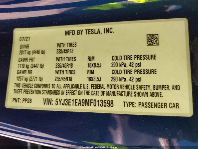 Tesla Model 3 Standard Range Plus Rear-wheel Drive 2021 5YJ3E1EA9MF013598 Image 9