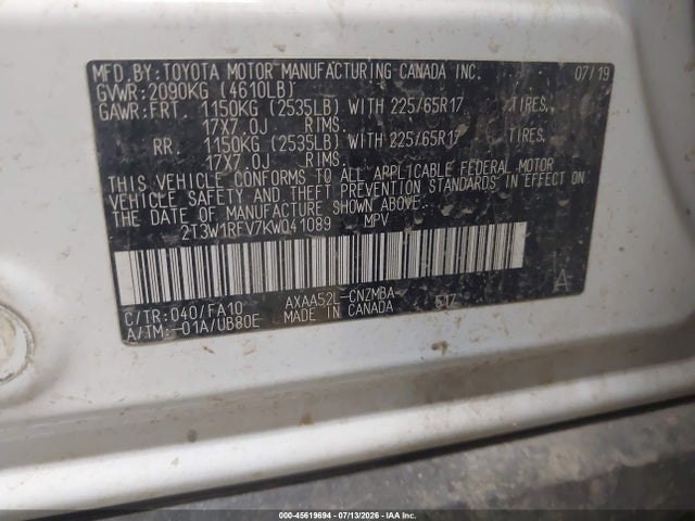 2019 Toyota Rav4 Xle მანქანა იყიდება აუქციონზე, vin: 2T3W1RFV7KW041089, აუქციონის ნომერი: 45619694