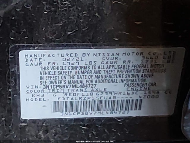3N1CP5BV7ML484727 Nissan Kicks S Xtronic Cvt