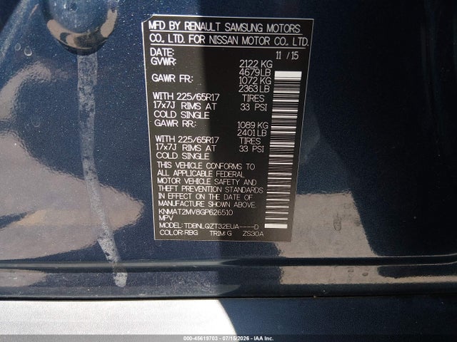 2016 Nissan Rogue Sv მანქანა იყიდება აუქციონზე, vin: KNMAT2MV8GP626510, აუქციონის ნომერი: 45619703