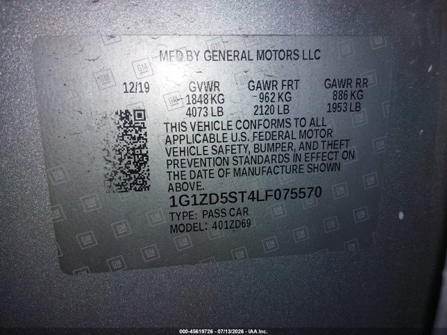 45619726 :رقم المزاد ، 1G1ZD5ST4LF075570 vin ، 2020 Chevrolet Malibu Fwd Lt مزاد بيع