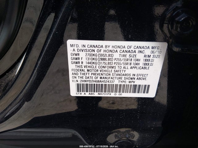 45619732 :رقم المزاد ، 2HNYD2H68AH524337 vin ، 2010 Acura Mdx Technology Package مزاد بيع