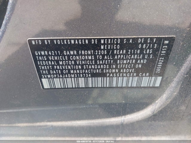 2013 Volkswagen Jetta 2.5l Se მანქანა იყიდება აუქციონზე, vin: 3VWDP7AJ4DM318734, აუქციონის ნომერი: 45619738