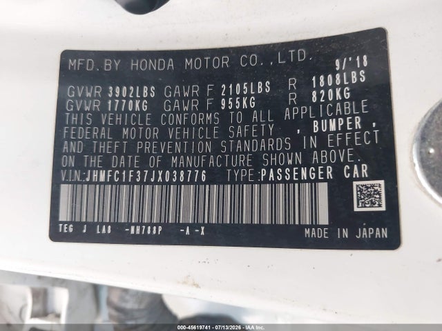 JHMFC1F37JX038776 Honda Civic Ex-t