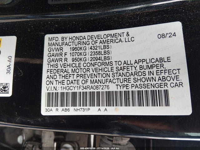 Aukcja sprzedaży 2024 Honda Accord Ex, vin: 1HGCY1F34RA087276, numer aukcji: 45619759