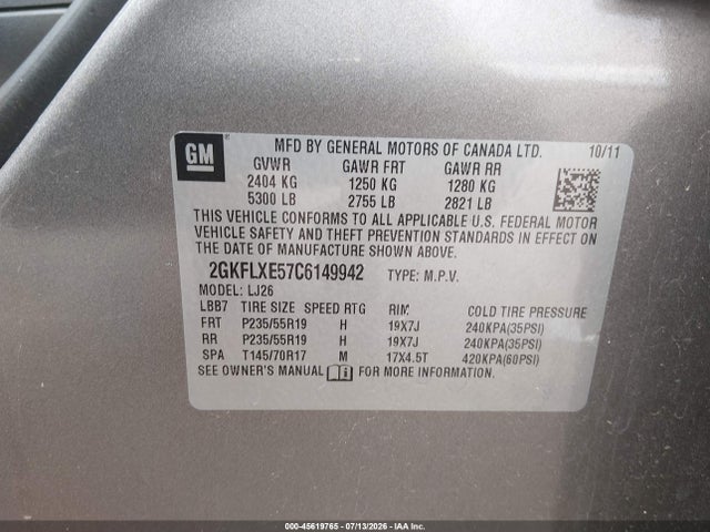 Продаж на аукціоні авто 2012 Gmc Terrain Slt-2, vin: 2GKFLXE57C6149942, номер лоту: 45619765