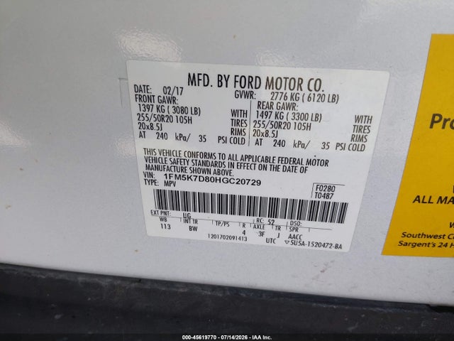 2017 Ford Explorer Xlt მანქანა იყიდება აუქციონზე, vin: 1FM5K7D80HGC20729, აუქციონის ნომერი: 45619770