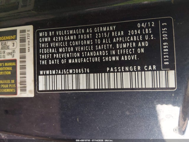 2012 Volkswagen Golf Tdi 2-door მანქანა იყიდება აუქციონზე, vin: WVWBM7AJ5CW306576, აუქციონის ნომერი: 45619785