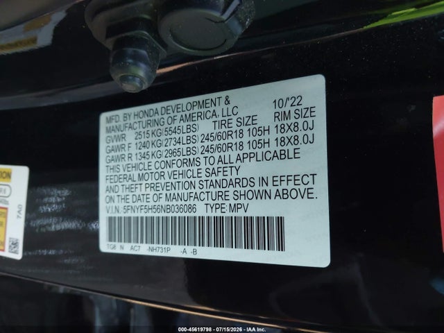 Honda Pilot 2wd Ex-l 2022 5FNYF5H56NB036086 Image 9
