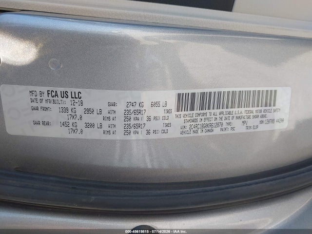 45619815 :رقم المزاد ، 2C4RC1BG0KR612870 vin ، 2019 Chrysler Pacifica Touring L مزاد بيع