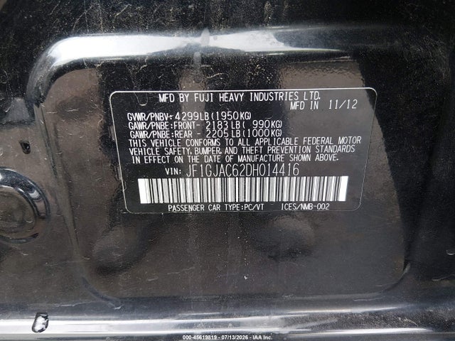 45619819 :رقم المزاد ، JF1GJAC62DH014416 vin ، 2013 Subaru Impreza 2.0i Premium مزاد بيع