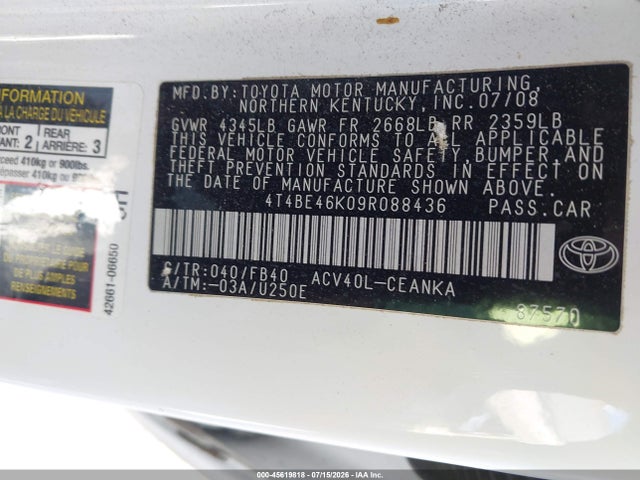 Aukcja sprzedaży 2009 Toyota Camry, vin: 4T4BE46K09R088436, numer aukcji: 45619818
