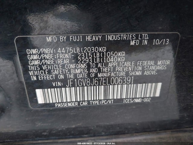Aukcja sprzedaży 2014 Subaru Impreza Wrx Sti, vin: JF1GV8J67EL006391, numer aukcji: 45619822