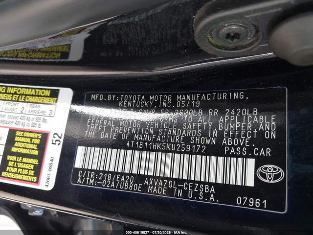 4T1B11HK5KU259172 Toyota CAMRY SE
