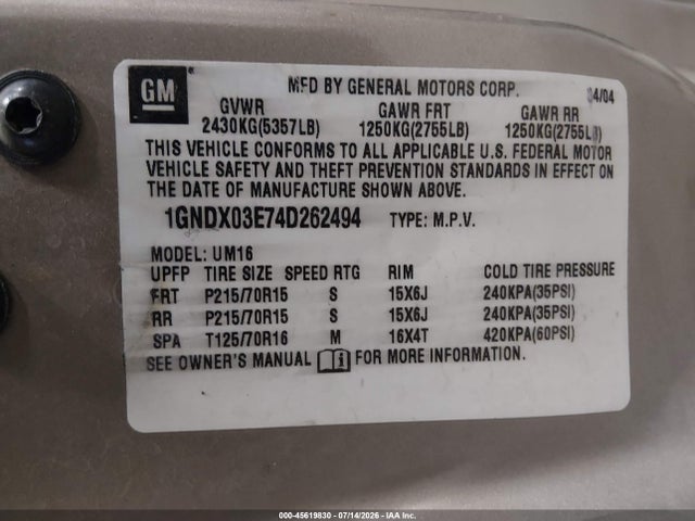 45619830 :رقم المزاد ، 1GNDX03E74D262494 vin ، 2004 Chevrolet Venture Ls مزاد بيع