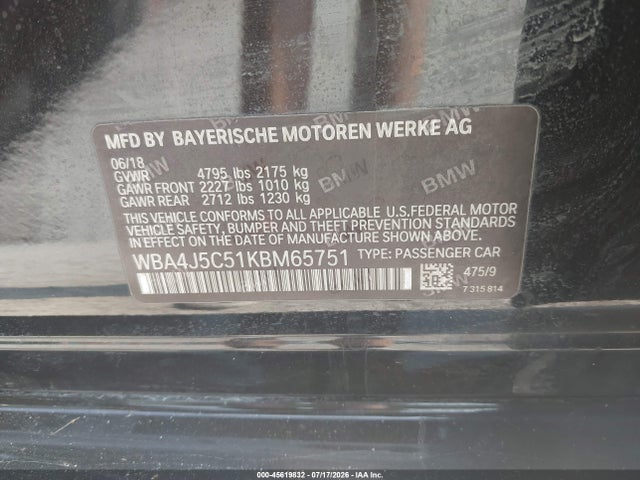 45619832 :رقم المزاد ، WBA4J5C51KBM65751 vin ، 2019 Bmw 440i Gran Coupe مزاد بيع