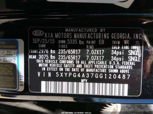 5XYPG4A37GG120487 KIA Sorento 2.4l Lx