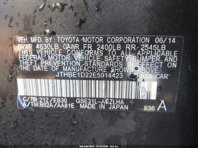 Продажа на аукционе авто 2014 Lexus Is 350, vin: JTHBE1D22E5014423, номер лота: 45619870