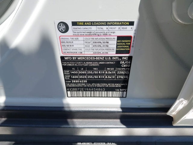 Aukcja sprzedaży 2009 Mercedes-benz Ml 550 4matic, vin: 4JGBB72E19A454863, numer aukcji: 45619871