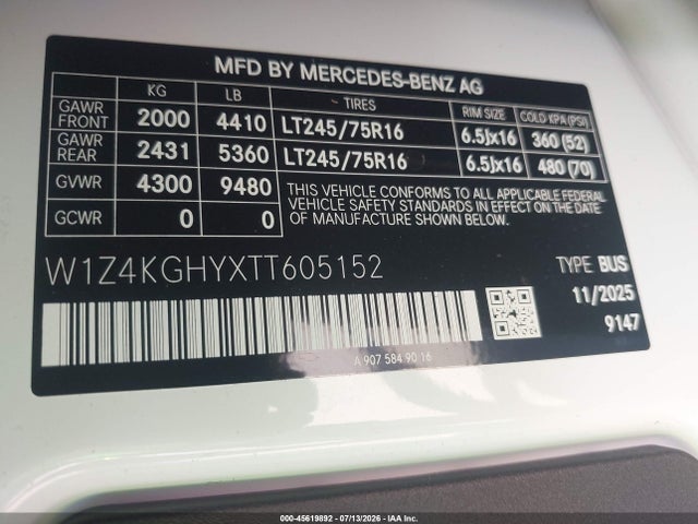 W1Z4KGHYXTT605152 Mercedes-Benz Sprinter 2500 High Roof 4-cyl Diesel