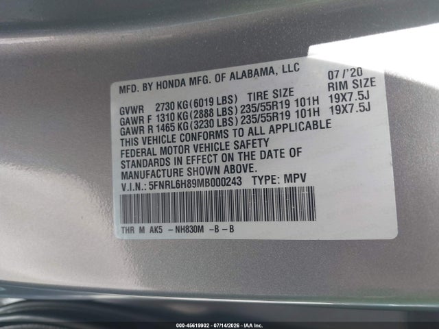 Honda Odyssey Touring 2021 5FNRL6H89MB000243 Image 9