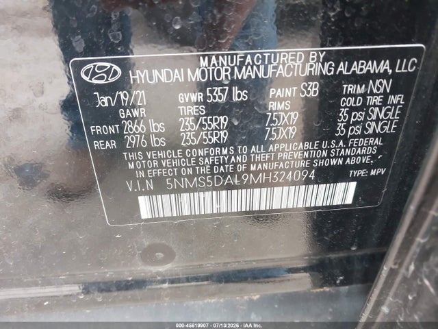 45619907 :رقم المزاد ، 5NMS5DAL9MH324094 vin ، 2021 Hyundai Santa Fe Calligraphy مزاد بيع
