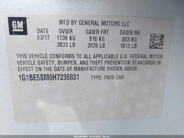 1G1BE5SM0H7236831 Chevrolet Cruze Lt Auto