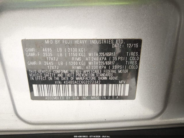 45619933 :رقم المزاد ، 4S4BSACC6G3277142 vin ، 2016 Subaru Outback 2.5i Premium مزاد بيع