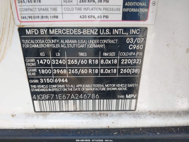 Aukcja sprzedaży 2007 Mercedes-benz Gl 450 4matic, vin: 4JGBF71E67A246786, numer aukcji: 45619936