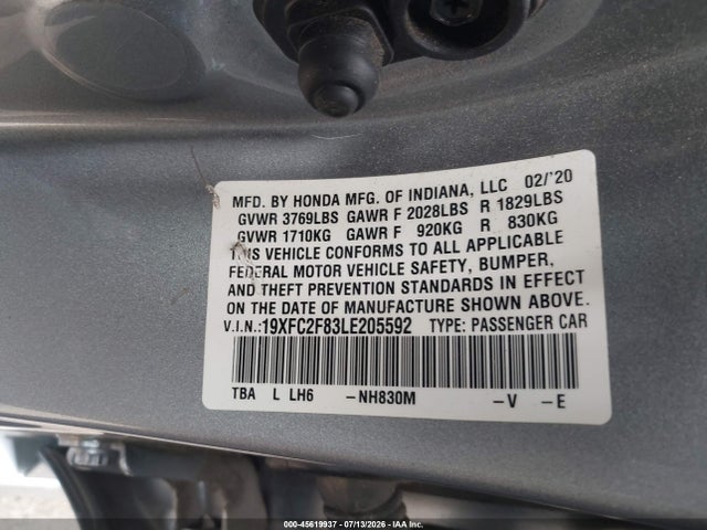 Auction sale of the 2020 Honda Civic Sport, vin: 19XFC2F83LE205592, lot number: 45619937
