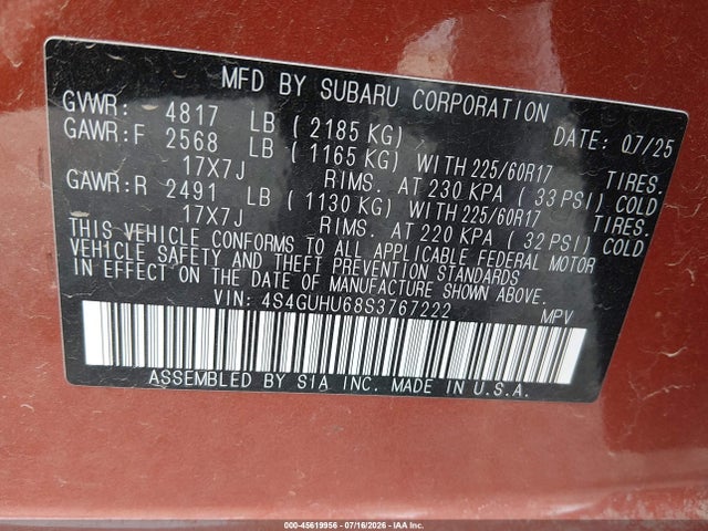 45619956 :رقم المزاد ، 4S4GUHU68S3767222 vin ، 2025 Subaru Crosstrek Wilderness مزاد بيع