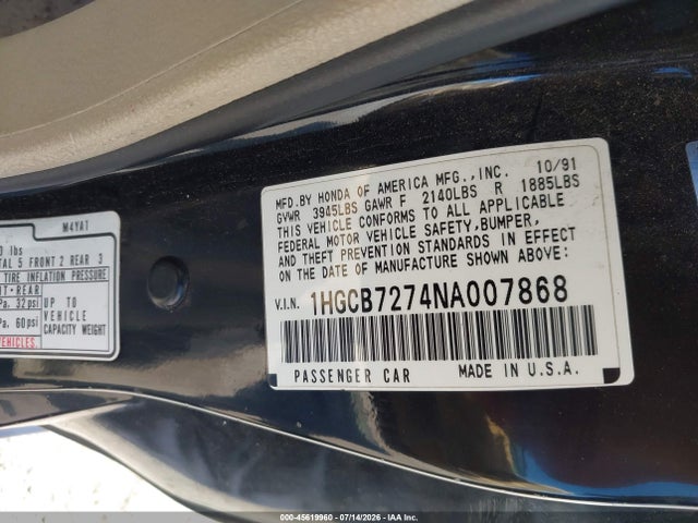Aukcja sprzedaży 1992 Honda Accord Ex, vin: 1HGCB7274NA007868, numer aukcji: 45619960