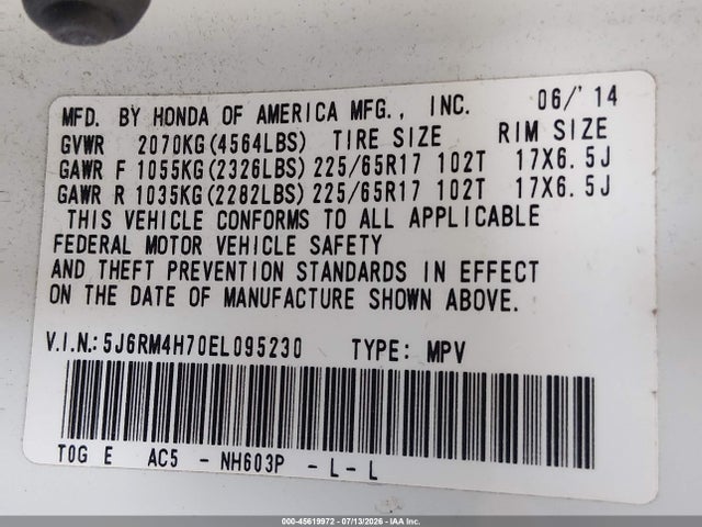 5J6RM4H70EL095230 Honda Cr-v Ex-l