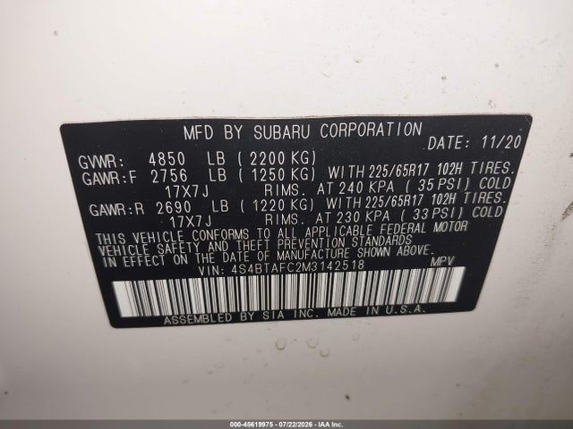 45619975 :رقم المزاد ، 4S4BTAFC2M3142518 vin ، 2021 Subaru Outback Premium مزاد بيع