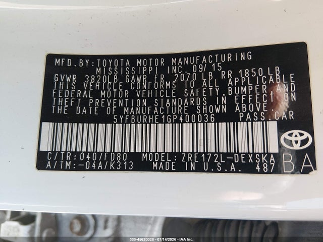Toyota Corolla S Plus 2016 5YFBURHE1GP400036 Image 9