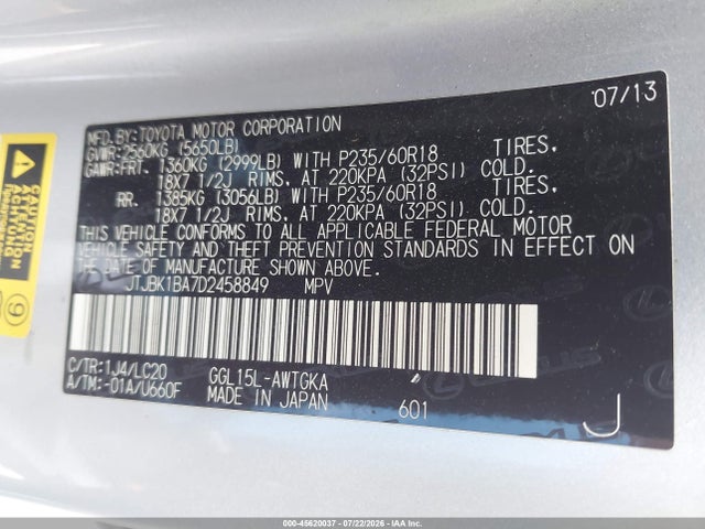 45620037 :رقم المزاد ، JTJBK1BA7D2458849 vin ، 2013 Lexus Rx 350 مزاد بيع