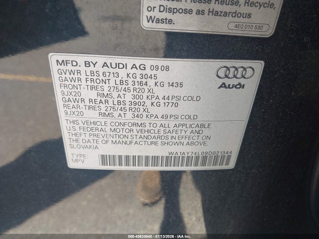 Aukcja sprzedaży 2009 Audi Q7 3.6 Premium, vin: WA1AY74L09D021344, numer aukcji: 45620040