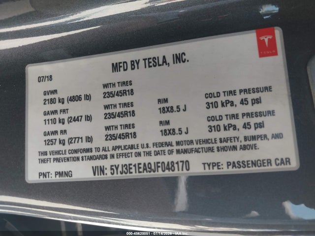 Tesla Model 3 Long Range/mid Range 2018 5YJ3E1EA9JF048170 Image 9