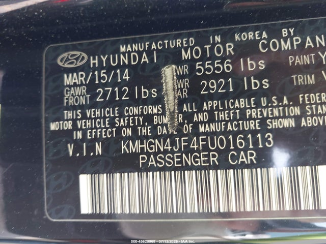 45620068 :رقم المزاد ، KMHGN4JF4FU016113 vin ، 2015 Hyundai Genesis 5.0 مزاد بيع