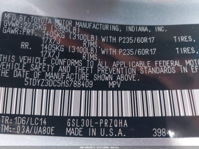 5TDYZ3DC5HS788409 Toyota Sienna Xle 8 Passenger