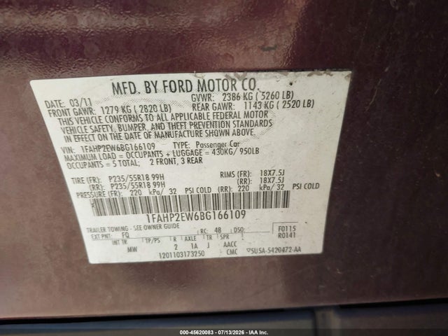 2011 Ford Taurus Sel მანქანა იყიდება აუქციონზე, vin: 1FAHP2EW6BG166109, აუქციონის ნომერი: 45620083
