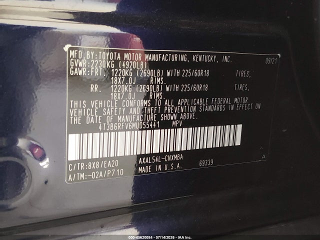4T3B6RFV6MU055441 Toyota Rav4 Hybrid Xle Premium