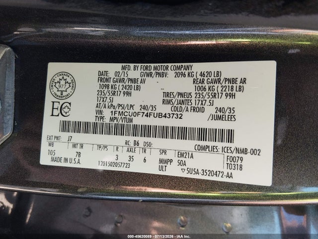 1FMCU0F74FUB43732 Ford ESCAPE S