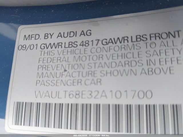 Продаж на аукціоні авто 2002 Audi A4 3.0, vin: WAULT68E32A101700, номер лоту: 45620099