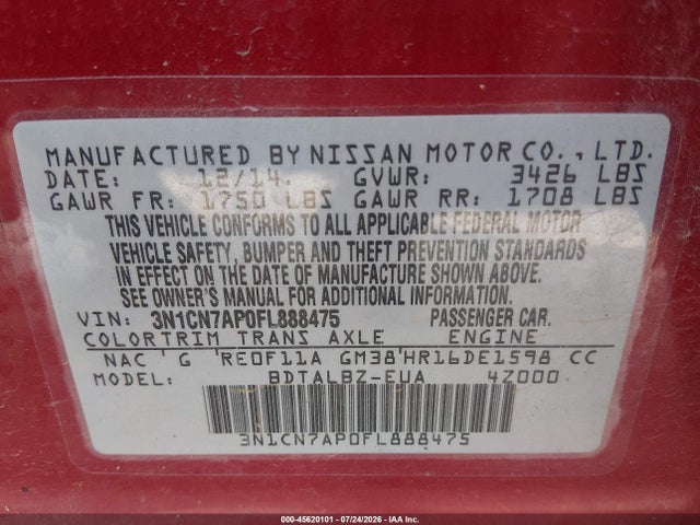 2015 Nissan Versa 1.6 S/1.6 S+/1.6 Sl/1.6 Sv მანქანა იყიდება აუქციონზე, vin: 3N1CN7AP0FL888475, აუქციონის ნომერი: 45620101