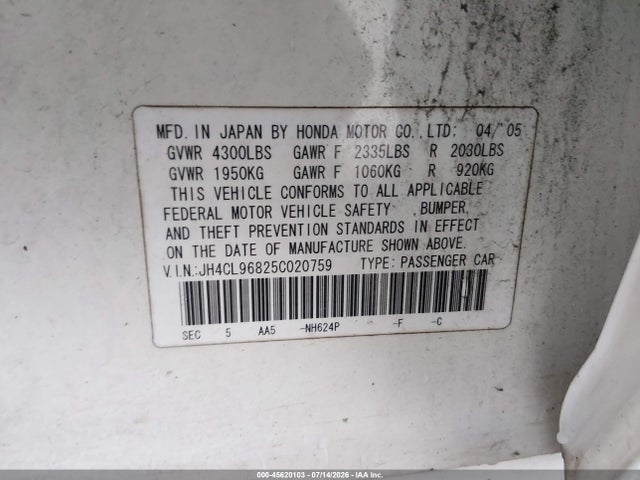 45620103 :رقم المزاد ، JH4CL96825C020759 vin ، 2005 Acura Tsx مزاد بيع