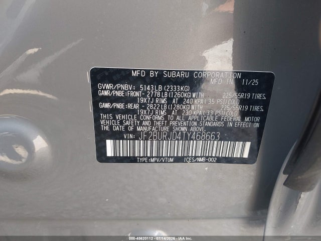 2026 Subaru Outback Touring Xt მანქანა იყიდება აუქციონზე, vin: JF2BURJD4TY468663, აუქციონის ნომერი: 45620112