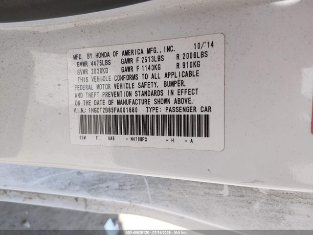 2015 Honda Accord Ex-l V-6 მანქანა იყიდება აუქციონზე, vin: 1HGCT2B85FA001880, აუქციონის ნომერი: 45620120